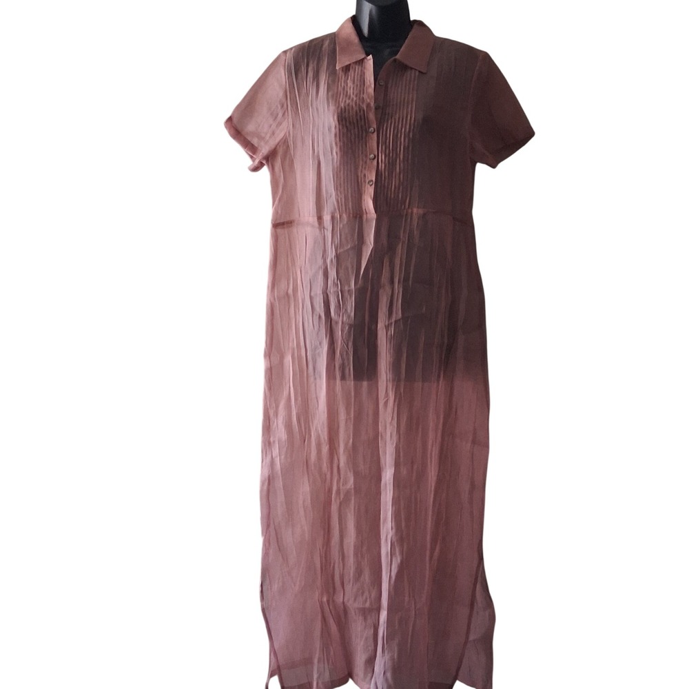 Sheer Pleated Silk Maxi Shirt Dress Short Sleeve Button Front Dusty Rose Cover